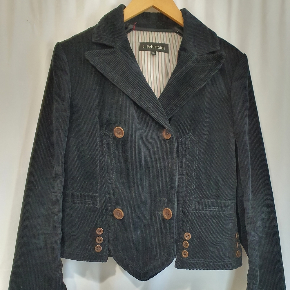 J Peterman black corduroy double-breasted jacket
